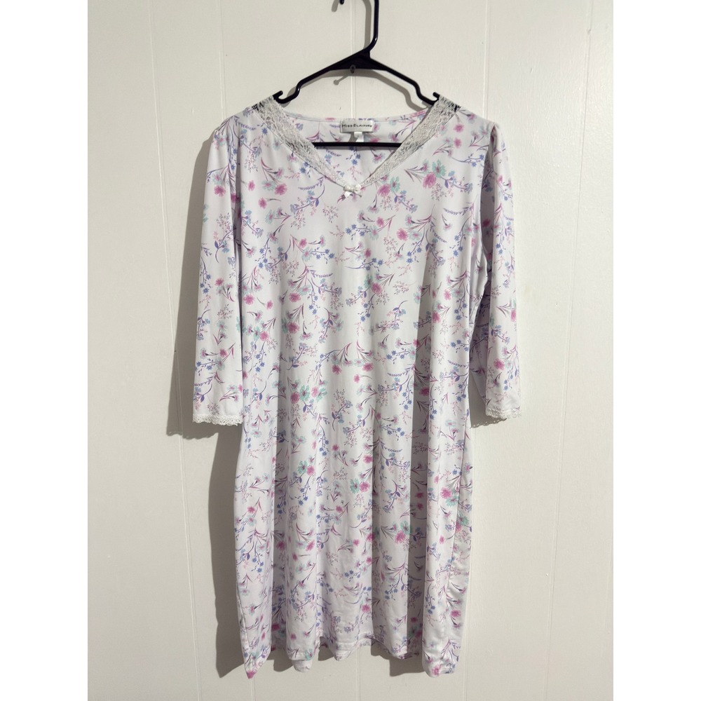Miss Elaine Bundle of 2 Floral Lace Trim V-Neck Traditional Nightgown L